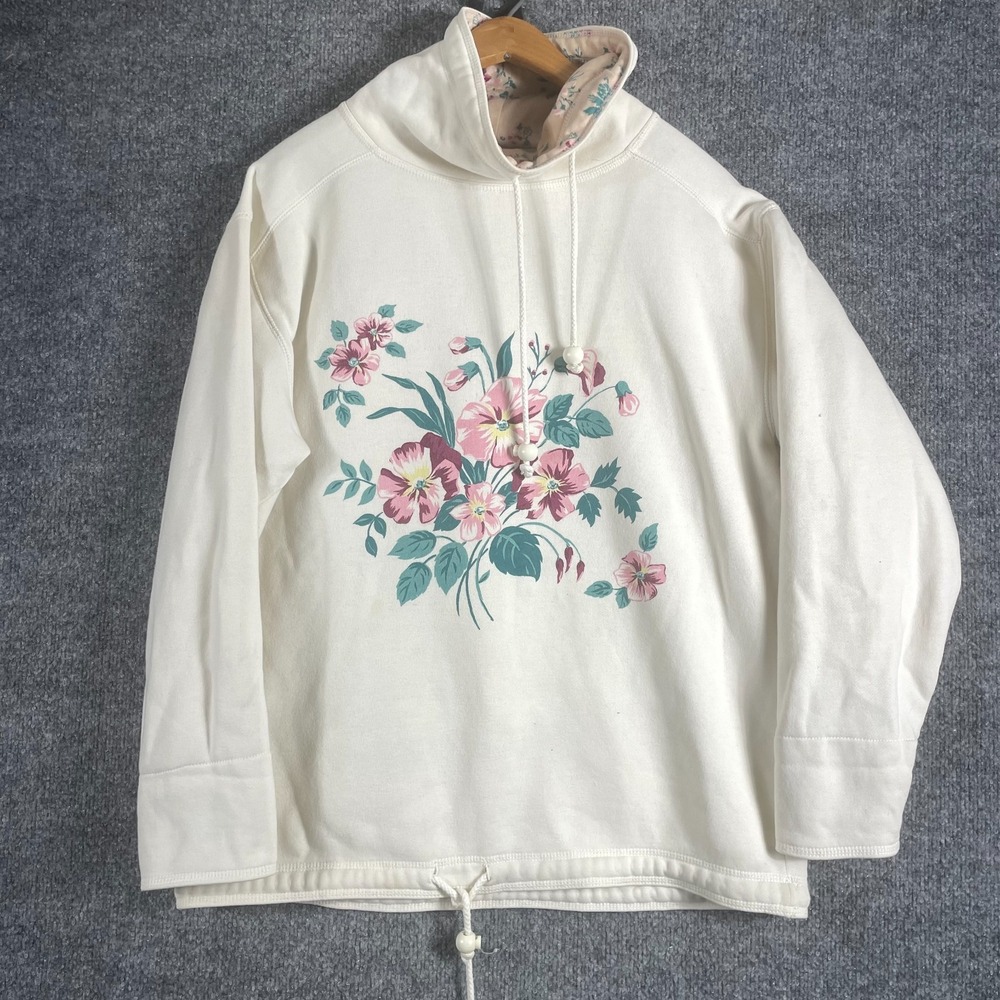 Vintage Accordeon Sweatshirt Womens Small White Floral Oversized Mock Neck 90s